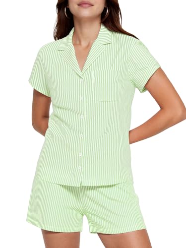 Image of Ammiko Womens Pajamas Set Y2k Loungewear Pajama Button Down Top and Shorts Monkey Beach Short Sleeve Preppy Sleepwear Green Stripe XS