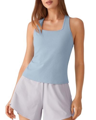 Image of G4Free Ribbed Removable Built in Bra Workout Tank Tops Woman Racerback Square Neck Yoga Top Lightweight Athletic Tanks