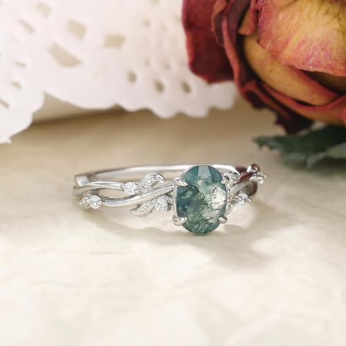 Art Deco Wedding Engagement Ring for Women Moss Agate/Moissanite/Black Rutilated Quartz 925 Sterling Silver Plated Platinum Leaf Gemstone Bridal Promise Ring for Her Size 4-93