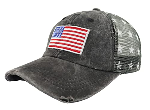 Image of American Flag Trucker Hat for Men Women, Adjustable Vintage Embroidery Washed Distressed USA Baseball Cap
