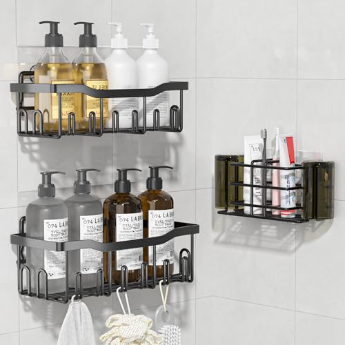 LEUOSO Shower Caddy Organiser 3 Packs, Drill-Free Stainless Steel Shelves, Large Capacity Adhesive Shower Storage Rack for Bathroom Shower Organiser Accessories