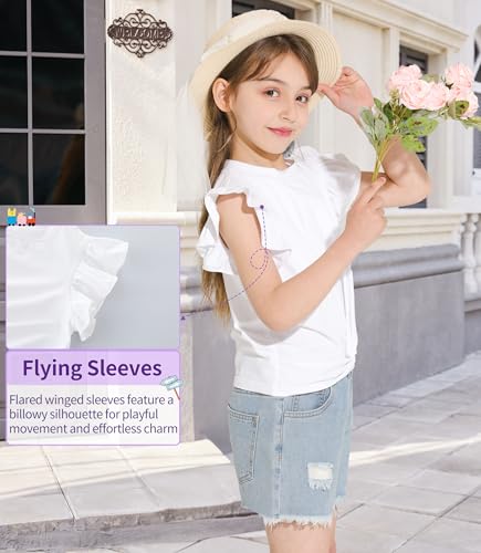 Image of Girls Ruffle Short Sleeve Blouse Twist Front Shirt Summer Crewneck Casual Tops White 13-14 Years
