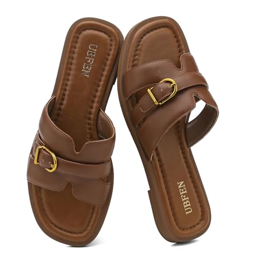 Image of UBFEN Womens Square Toe Flat Sandals Slides Dressy Comfortable for Beach