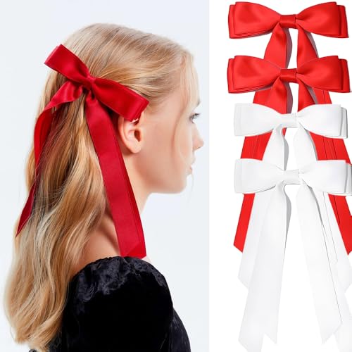 Hair Bows for Women, 4 Pcs Hair Ribbon Coquette Bows for Girls Long Tail Tassel Metal Barrettes for Women Accessories (White,Red)