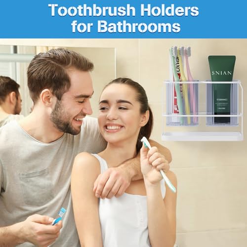 Countertop Toothbrush Holders, Wall Mounted Electric Tooth Brush and Toothpaste Holder for Bathroom with Hook, 2 Cups Toothbrush Organizer with Drain Tray Bathroom Accessories Storage (White) by VACONICO - Image 3