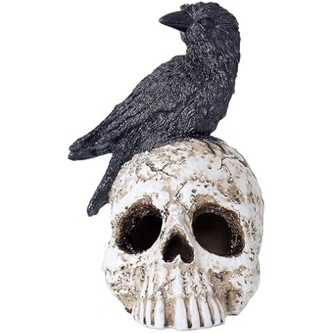 ThriBartLive LED Light Raven on Skull Statue - Crow on Skull Figurine Home Decor with LED Light Up Glowing Eyes Cover