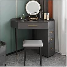 ZUMAHA Sturdy Corner Design Vanity Desk, Dressing Table with 5 Drawers & LED Lights Rounded Mirror, Vanity Set with Upholstered Makeup Stool Stable