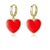 ONLYJUMP 14K Gold Plated Huggie Earrings CZ Tiny Small Hoop Earrings Red Enamel Heart Ear Cuff Initi
