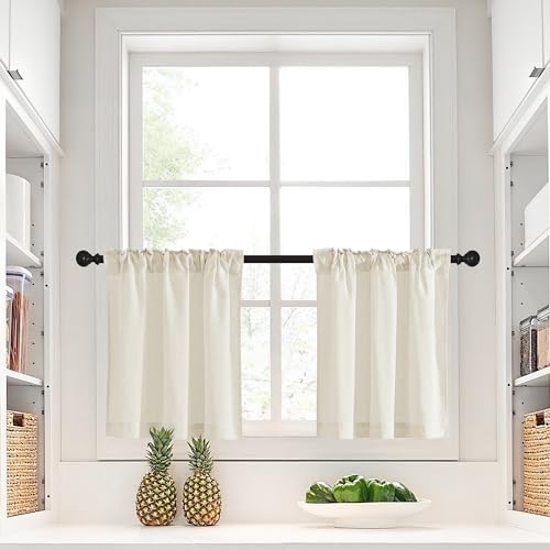 NICETOWN Natural Linen Back Tab Curtains 24 Inch Length for Kitchen Over Sink, 2 Panel Rod Pocket Short Curtains Light Filtering Sheer Farmhouse Windo
