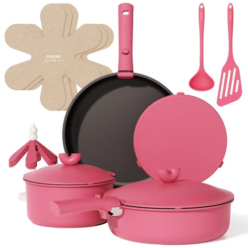 CAROTE 17pcs Pots and Pans Set Non Stick, Nonstick Cookware Set, Oven/Dishwasher/Fridge Safe Pots and Pans, RV Safe Cookware, Induction Kitchen Gift Set Detachable Handle, Pink