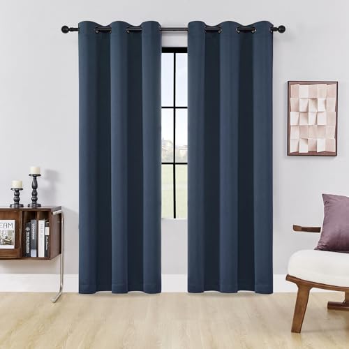 Image of HUTO Blackout Curatins Window Drapes for Bedroom Living Room - Antique Copper Grommet Room Darkening Thermal Insulated Privacy Protect Draperies Curtains, Set of 2, Navy Blue, 42W x 84L