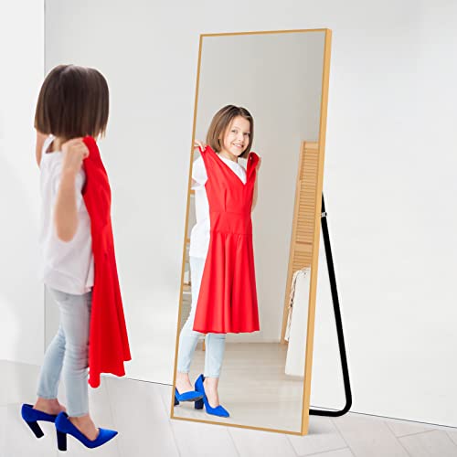 Image of NeuType 47 inchx16 inch Full Length Mirror with Standing Holder Aluminum Alloy Frame Floor Mirror Wall-Mounted Mirror for Living Room, Bedroom, Hanging or Leaning Against Wall, Golden (with Stand)