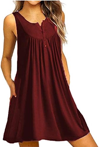 Bokeley Women Casual Pleated Losse Summer Sleeveless Scoop Neck T-Shirt Midi Tank Dress Sundress (L, Wine)