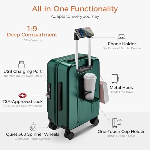 Image of CCASELLY Carry On Luggage Top Opening with Cup Holder & Phone Holder, Expandable PC Hard Shell Suitcase with USB Charging Port, Side Hook, 360 Spinner Wheels, TSA Lock & YKK Zippers