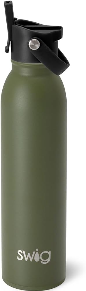 Swig Life 20oz Insulated Water Bottle, Travel Water Bottle with Straw and Lid, Cup Holder Friendly, Stainless Steel (Matte Olive)
