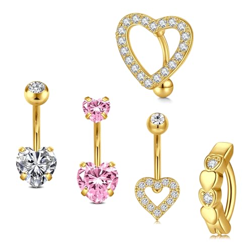 Longita Gold Belly Button Ring Heart Belly Button Piercing Belly Rings for Women Surgical Steel Belly Button Rings Gold Belly Ring Clicker Belly Button Ring Pink Navel Rings