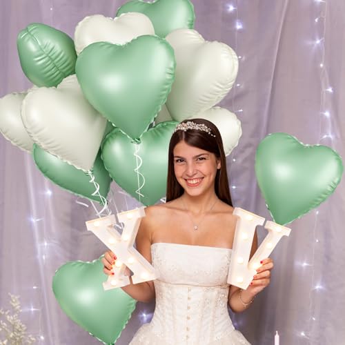 Image of Sage Green White Heart Balloons, 10PCS Green Beige Foil Heart Balloons, 18inch Olive Green Cream White Heart Shape Balloons for Neutral Jungle Birthday Baby Shower Valentines Wedding Party Decorations