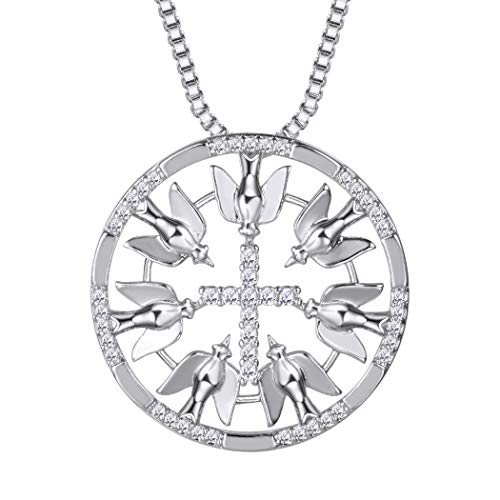 Preisvergleich Produktbild Suplight Damen Kette Zirkonia Kreuz mit Tauben Runder Anhänger Halskette Platiniert Kettenanhänger Schmuck Geschenk für Weihnachtsfeier, Silber