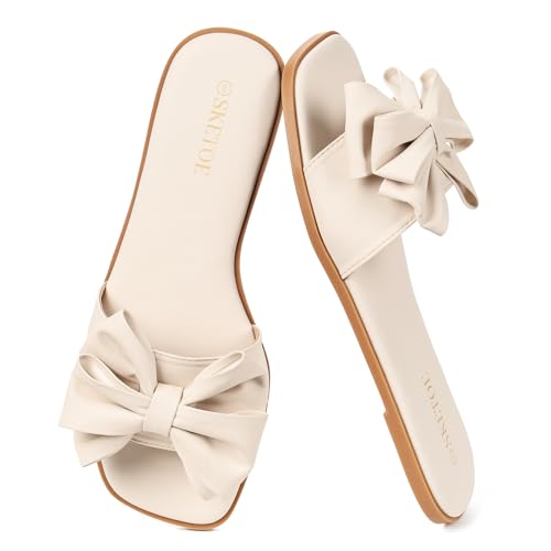 Image of Women's Bow Flat Sandals Open Saquare Toe Comfortable Slide for Wedding Beach Vacation