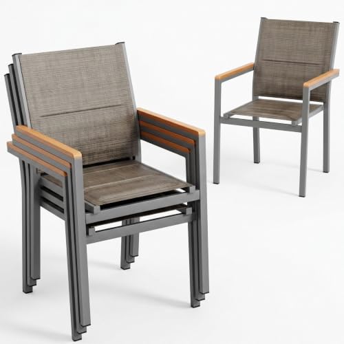 LIFERUN Tuinstoelen, set van 4, stapelbare aluminium eetkamerstoelen, met gewatteerde rugleuning en zitting, WPC leuning, balkonstoelen voor tuin, terras, balkon, zwembad, restaurants, vlasbruin, 4