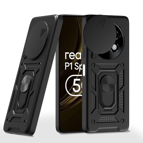 Image of Pikkme Back Cover for Realme 13 Plus 5G / Realme P1 Speed 5G | D10 Tough Armor | 360 Protection Case | Sliding Camera Shield Cover & Ring Holder Stand Bumper Case (Black)