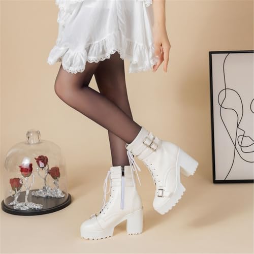 Image of FOREADA Goth Boots Chunky Heel Boot For Women Ankle Combat Booties Black Platform Bootie Buckle Rivets Punk Goth Shoes With Zipper