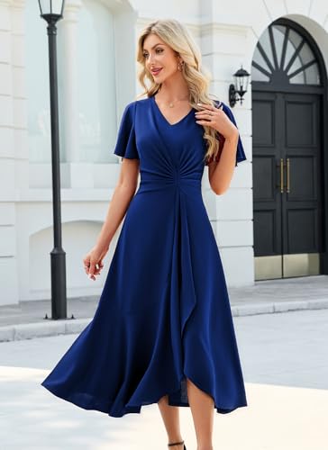 Image of QMZ Wedding Guest Dresses for Women V Neck Cocktail Dress Ruffle Sleeve A Line Evening Party Formal Dresses for Women
