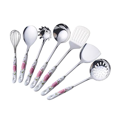 7-Piece Stainless Steel Cooking Utensils Set With Ceramic Handle And Holder, Kitchen Utensil Tableware Set, Spatula, Turner Spatula, Ladle, Serving Spoon, Slotted Spoon, Pasta Server, Whisk #TOP24