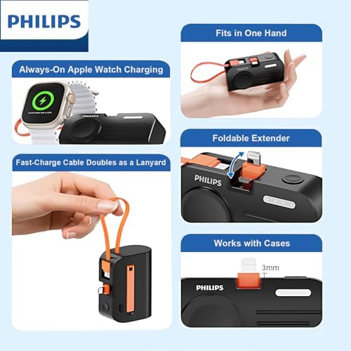 PHILIPS Mini Portable 4900mAh Power Bank USB Charging Small Portable Charger Battery Pack Lipstick with Kick Stand Compatible with iPhone 17 16, Samsung, ZTE and USB C (iWatch with C Black) - Image 2