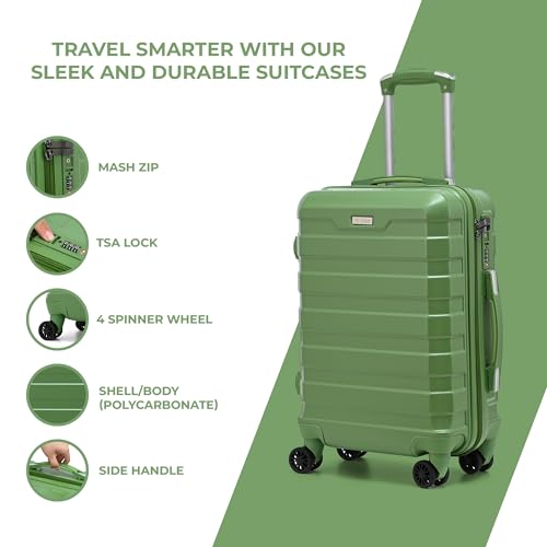 Hard Shell PC Carry on Cabin Approved 20'' Lightweight Suitcase Luggage Trolley with 4 Spinner Wheels TSA Combination Lock Suitcase Approved by Over 100+ Airlines (Green)