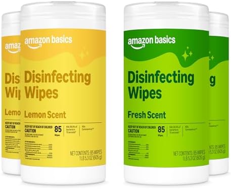 Amazon Basics Disinfecting Wipes, Lemon & Fresh Scent, Sanitizes, Cleans, Disinfects, Deodorizes, 340 Count (4 Packs of 85), Packaging May Vary