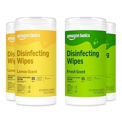 Amazon Basics Disinfecting Wipes, Lemon & Fresh Scent, Sanitizes, Cleans, Disinfects, Deodorizes, 340 Count (4 Packs of 85), Packaging May Vary
