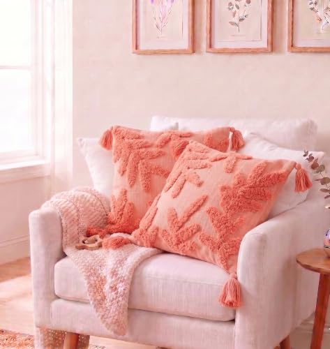 Image of Furnistitchs Premium Decorative Throw Cushion Pillow Cover Boho Home Decor - Living Room Bedroom Couch Sofa Cushion Covers 16 inch x 16 inch (2, Peach Leaves)