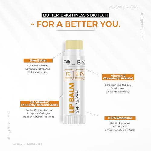 Foley Lip Balm SPF 30 PA++ | Brightens Dark & Pigmented Lips with Vitamin C & Resorcinol | Hydrating Lip Care for Dry Lips, 5g