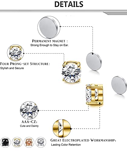 Siispri 4 Pairs Stainless Steel Magnetic Stud Earring For Men Women Cz Magnet Non Pierced Clip On Earrings Set 8Mm (4 Pairs A Set,8Mm) #TOP1