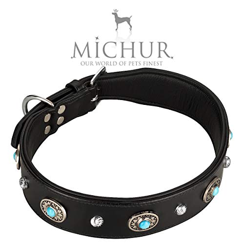 MICHUR Alonzo Hundehalsband Leder Schwarz Breit, Lederhalsband, Halsband, Blaue Steine MIT RUNDNIETEN, in verschiedenen Größen erhältlich