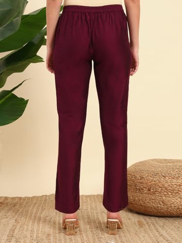 Image of Vogaan Women's Cotton Silk Pant | Half-Elasticated Waist Slim Fit Trouser for Women | Casual Pocket Pants for Office Formal Daily Use