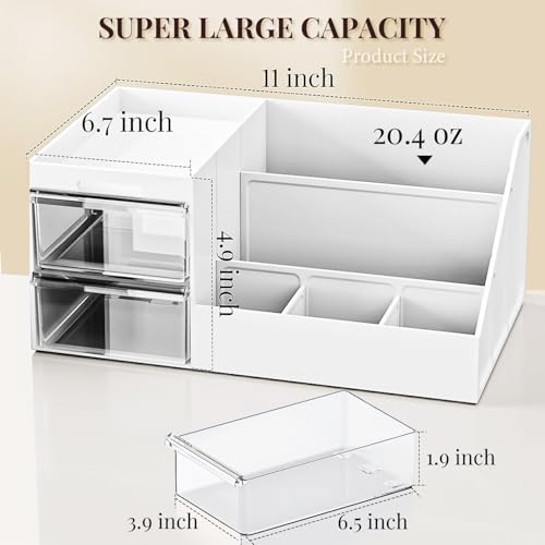 Image of PAXCOO Makeup Desk Cosmetic Storage Box Organizer with Drawers for Dressing Table Large Capacity Display Case,Skincare Organizer,Elegant Vanity Holder Brushes Lipstick Skincare Eyeshadow (White,Clear)