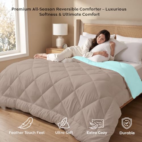 Image of AYKA Reversible Comforter 220 GSM Microfiber Reversible AC Comforter /Blanket for Winter /Quilt /Duvets for King Size Double Bed Comforter (90 * 100, Taupe & Aqua)| TC - 220