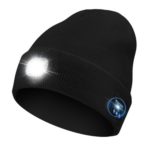 Greatfine Bluetooth Beanie with Light, Wireless Music Beanie Hat with HD Stereo for Men/Women/Teens, Built-in Microphone, Unique Tech Gifts for Christmas Stocking, Black