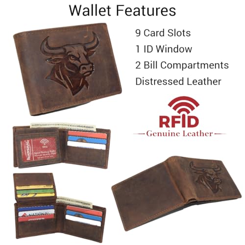 MARSHAL Genuine Leather RFID Bifold Wallet for Men Western Bull Design Rustic Cowboy Wallet (Brown)2