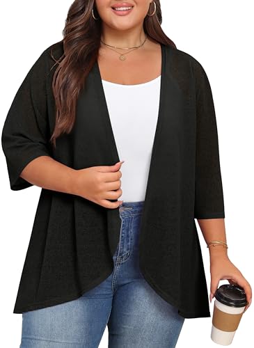 TIANZHU Women's Summer Plus Size Cardigan 3/4 Sleeve Blazer Knit Lightweight Cover Up XL-4XL