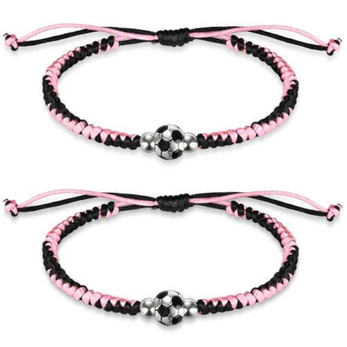AKAIXI 2 Pcs Soccer Braided Bracelets with Cards - Pink and Black Stretch Friendship Bracelets...