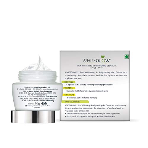 Image of Lotus Herbals Whiteglow Skin Whitening & Brightening Gel Cream, SPF-25, 40g & White Glow Skin Whitening & Brightening Nourishing Night Creme, 60g (Pack of 1)