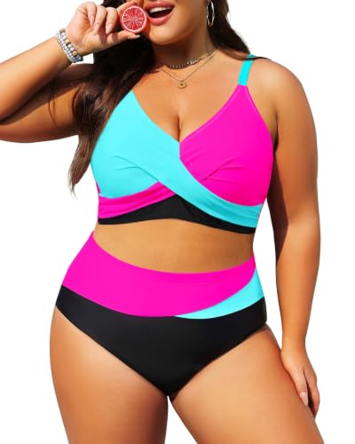 Image of Tempt Me Plus Size High Waisted Two Piece Swimsuit Color Block Bikini Set