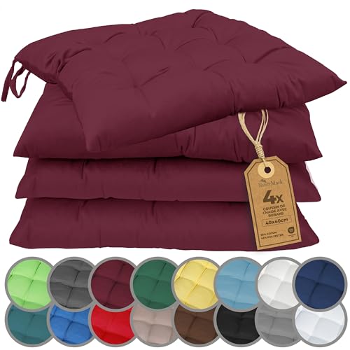 NatureMark Lot de 4 Galettes de Chaises avec Rubans 40x40 cm – Coussin de Chaise Épais pour Intérieur & Jardin – Couleur Bordeaux Rouge