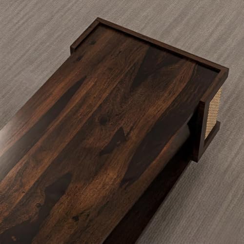 Image of Wooden Center Table for Living Room | Modern Rectangular Center Coffee Table with Open Storage Shelf & Rattan Cane Side Panels | Stylish Wooden Centre Table for Home, Lounge & Drawing Room