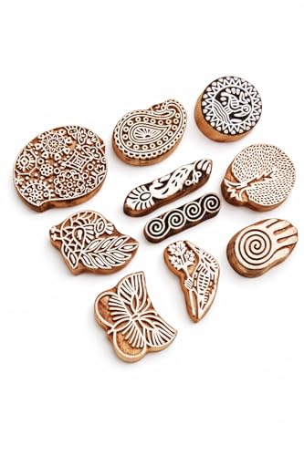 Image of Hashcart | Set of 10 | Religious Shape Wooden Printing Blocks Stamping for Scrapbooking | Kids Project | Art Craft | Handcarved Stamps for Tattoo Print