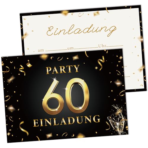 AWCIGG Einladungskarten 60. Geburtstag Frau Mann, 15 Stück karten zum 60. Geburtstag blanko A6 (148x105mm), Kartenset in Schwarz & Gold, Beschriftbare 60 geburtstag Seinladungen, Partyzubehör
