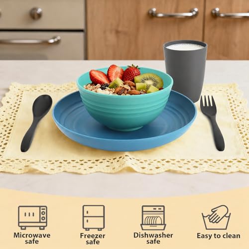 Image of Unbreakable Wheat Straw Dinnerware Set 20 PCS - Kids Plates and Bowls Set for 4,Dishwasher & Microwave Safe Lightweight Toddler Dish Set for Party Camping Kitchen - Calm Tones